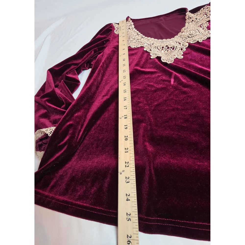 Burgundy Velvet Lace V-Neck Top Romantic Goth Whimsigoth Victorian Wine 0XL - Picture 4 of 5